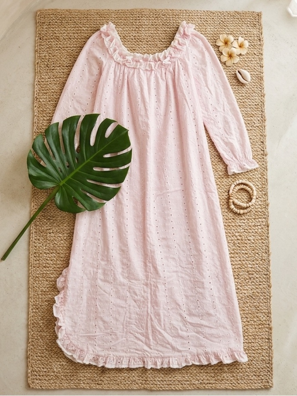PRINCESS KAIULANI Vintage 70’s Hawaii Pink Eyelet Maxi Dress Ruffled NecklineHem